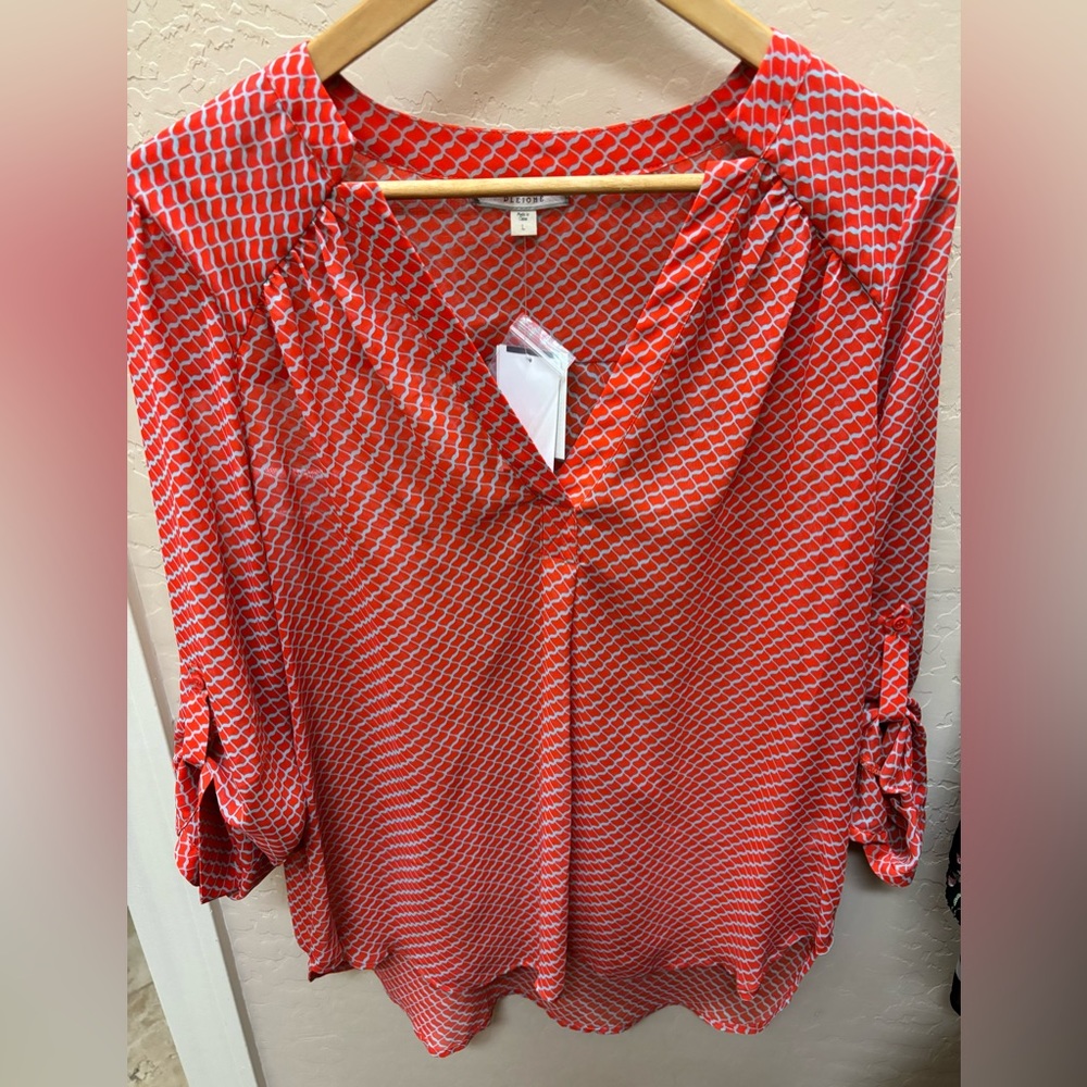 Pleione NWT blouse. Size Large. Orange/red & gray. Tunic style. Roll tab sleeve.